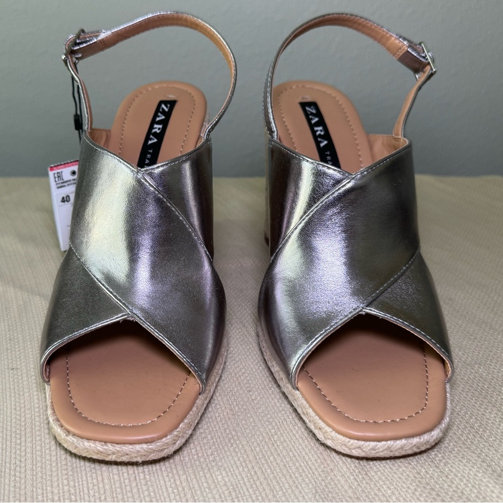 New ZARA Silver Metalic Wedge Heel Espadrilles Size 40
